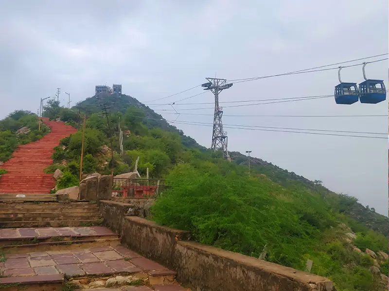 A hillside path and cable car above Pushkar