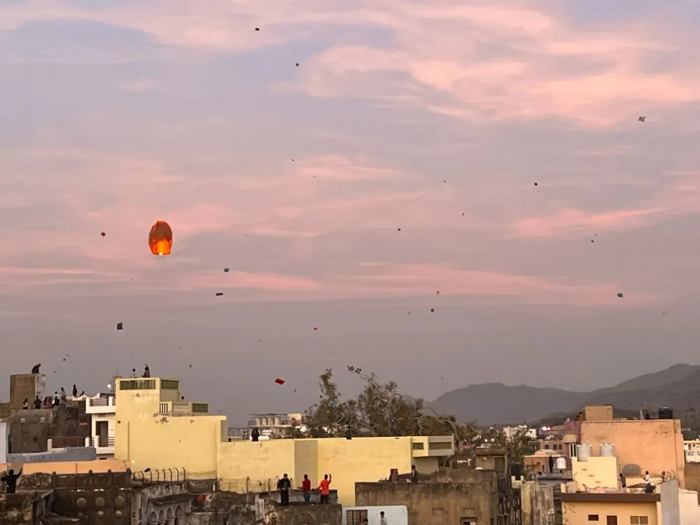 Kites silhouetted against a sunset sky above Pushkar